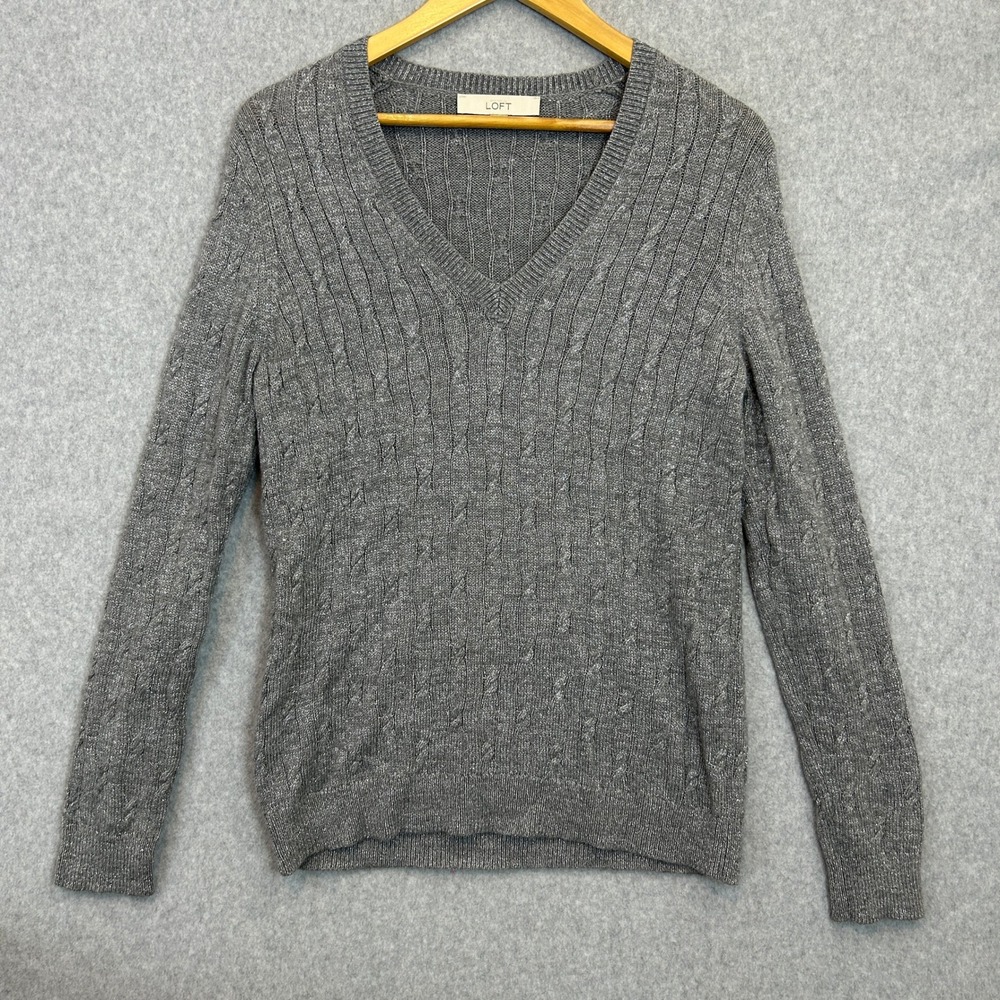 Ann Taylor LOFT Sweater Metallic Silver Gray Cable Knit Wool Blend Womens Medium